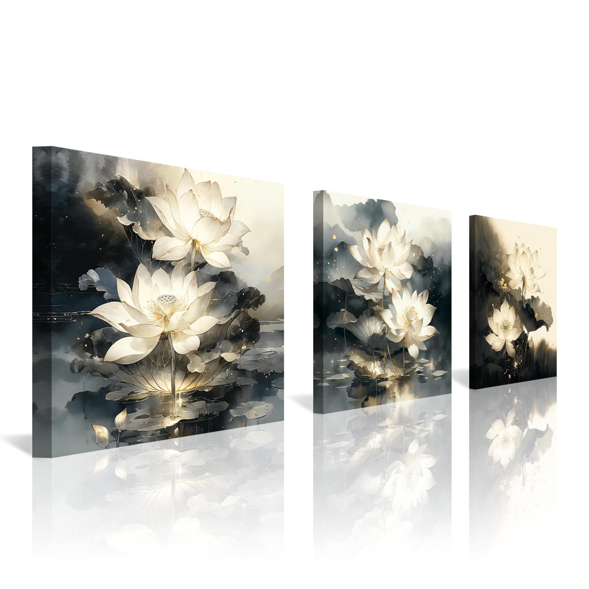 3Pcs White Lotus Flowers Ink Wash Canvas Wall Art Print Blooming Golden AccentsLotus Leaves Water ReflectionsZen Botanical Painting for Bedroom Bathroom Living Room Decor Ready to Hang (White Lotus with Golden Accents / 16x16inchx3)