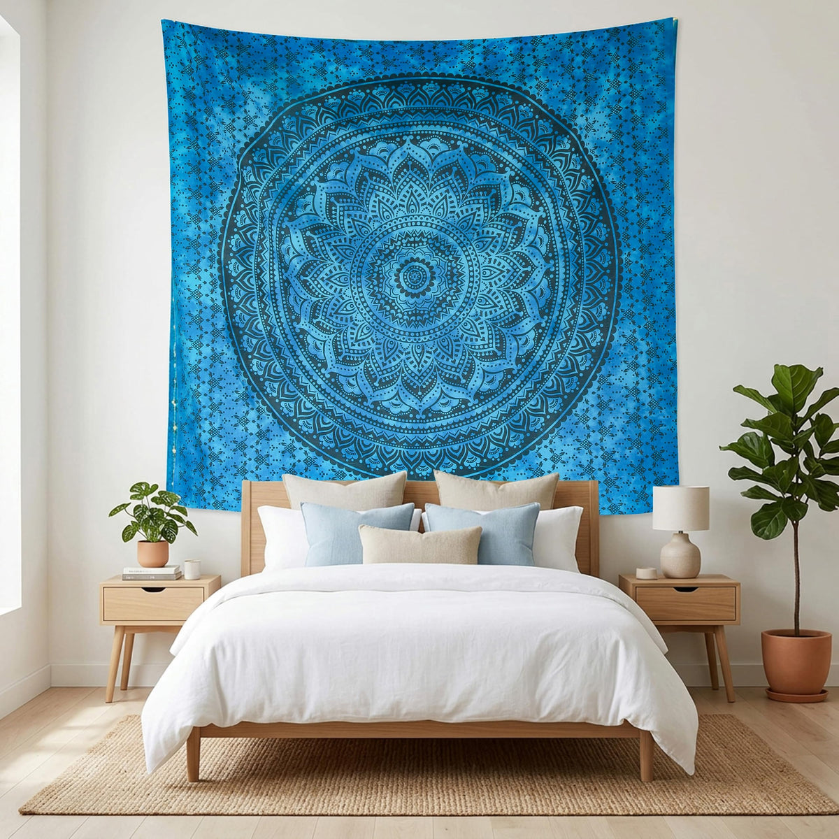 Hand Block Printed Cotton Mandala Wall Tapestry (Blue / 40"L x 30"W)