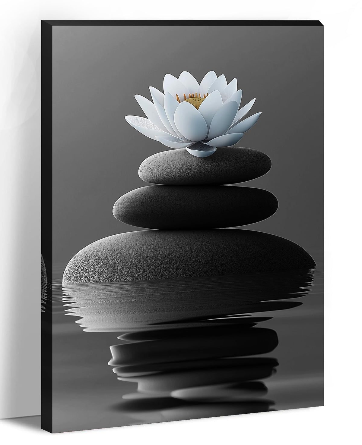 Zen Wall Art Bathroom Decor White Lotus Picture Black Spa Stones on Water Canvas Prints Relax Artwork for Yoga Meditation Room Home Decor Framed (Zen-1 / 24"L x 16"W)