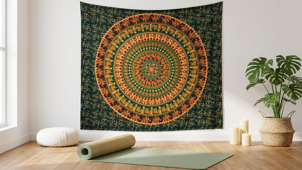 Queen Elephant Peacock Tapestry Wall Hanging Hippie Mandala Bohemian Hippy Meditation Psychedelic Design Indian Peacock Meditation Gypsy Tapestries Bedspread Army Green (88"L x 81"W / Army Green)