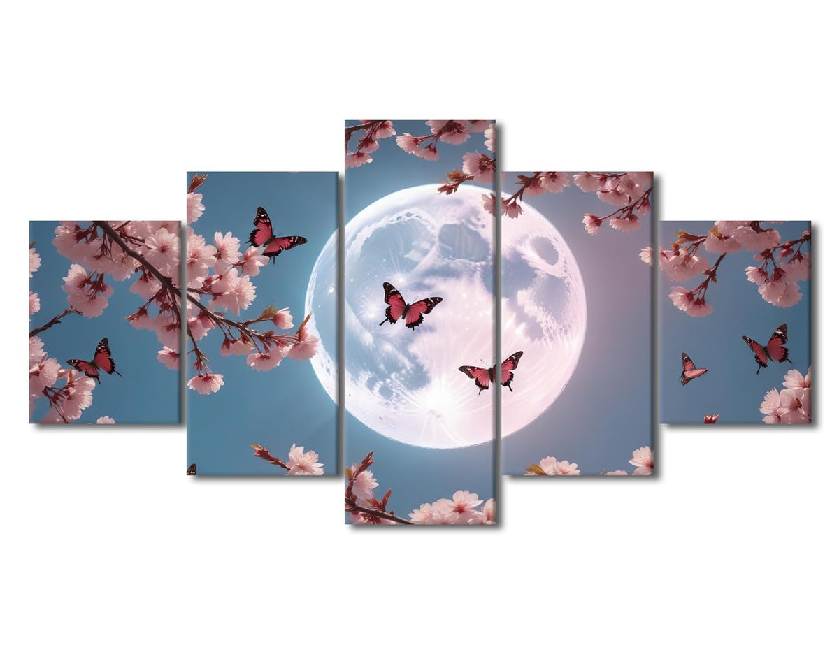 Wall Art Canvas Print Celestial Cherry Blossoms Under Full Moon Framed Artwork Romantic Spring Painting Modern Asian Decor Living Room Wall Display Botanical Home Accent 60" Wx32 H‌ (60''Wx32''H / Artwork-09)