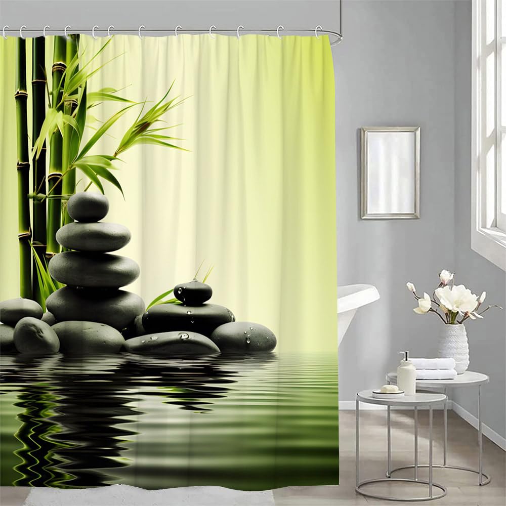 Zen Spa Shower Curtain Asian Japanese Garden Black Stone Bamboo Meditation Green Bathroom Decor Curtains Set with Hooks (35"W x 70"L (Pack of 1))