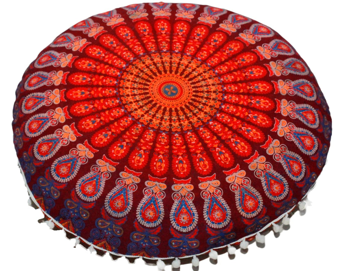 Round Mandala Floor Pillow Cover for Adults (32" / Maroon Mirchi)