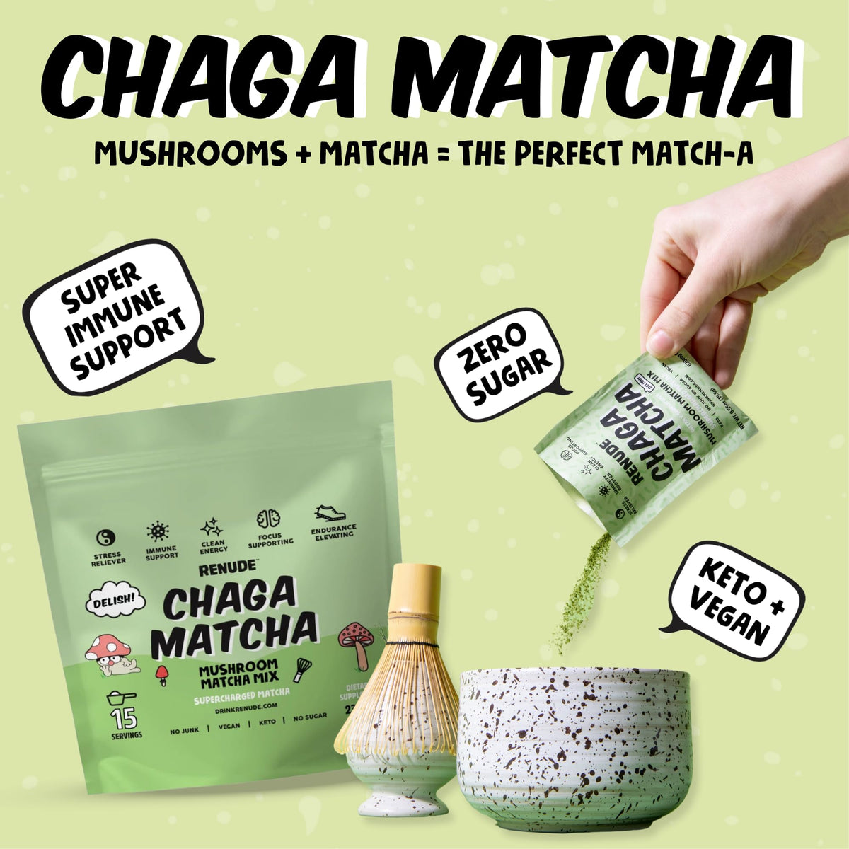 Chaga Matcha Ceremonial Grade Matcha Mushroom Powder (Chaga Matcha: 15 serving bag)