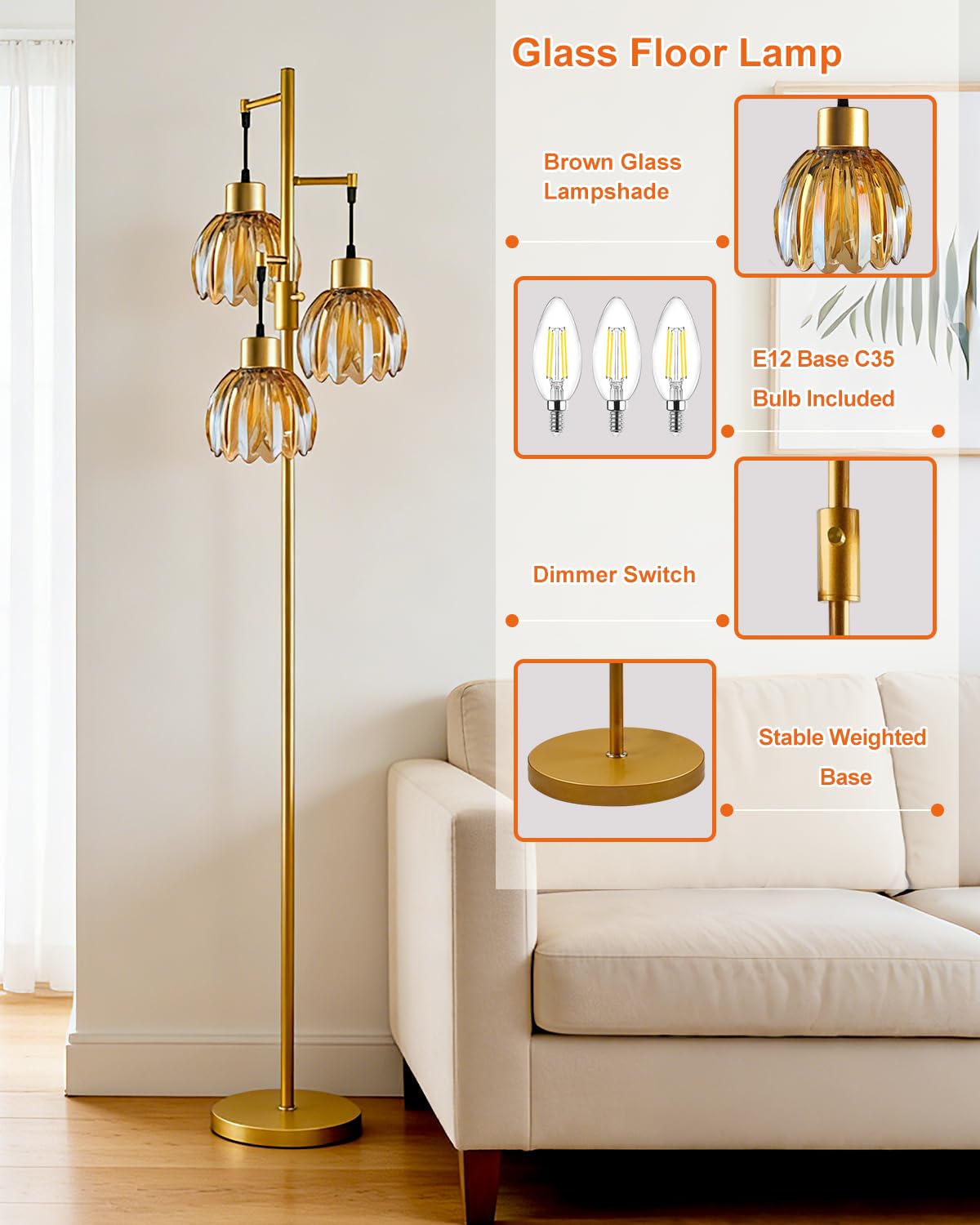 Glass Floor Lamp Amber Lotus Flower Shade Dimmable Gold Floor Lamp (3 Amber Lotus-Gold)