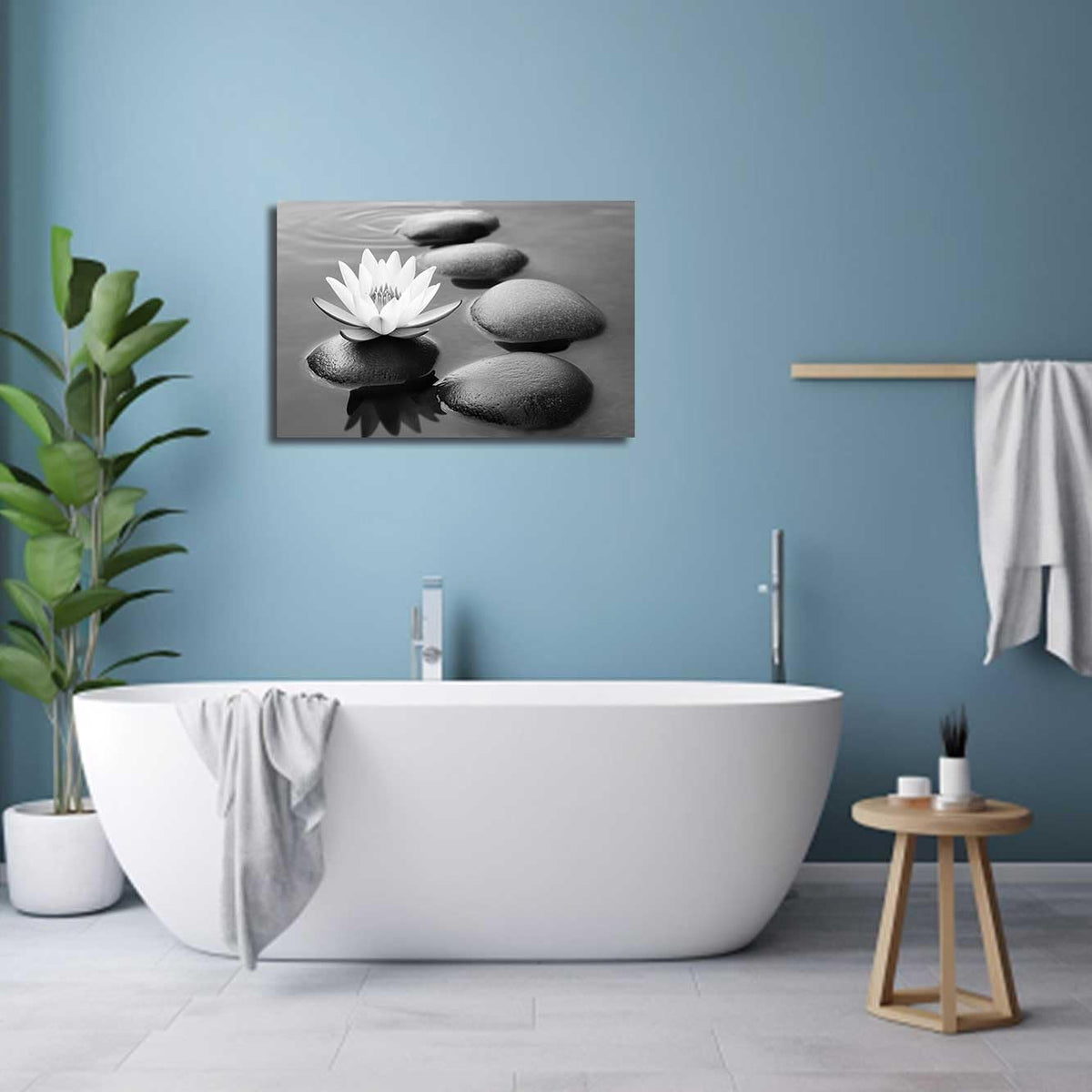 Zen Pictures for Bathroom Black White and Gray Bathroom Wall Art Zen Stone and Lotus Flower Canvas Prints Water Artwork for Spa Room Decor Frame (16L" x 24W")