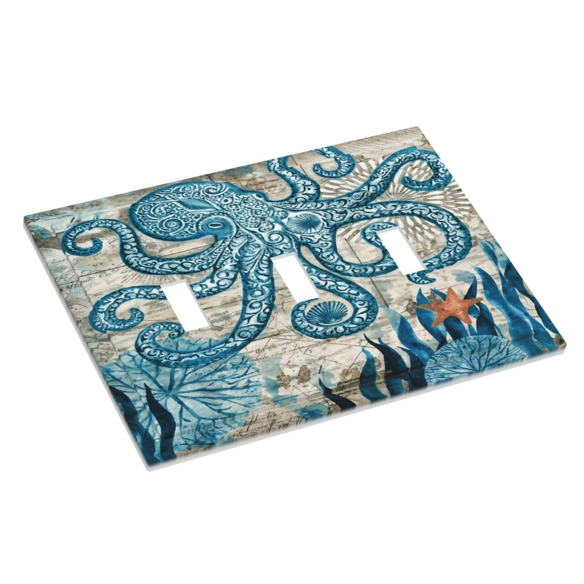 Nautical Ocean Starfish Octopus 3 Gang Electrical Outlet Light Switch Cover Decorative Triple Toggle Wall Plate Electric Faceplate Switch Face Plate (Nautical Ocean Starfish Octopus / 3 Gang Toggle Mid)