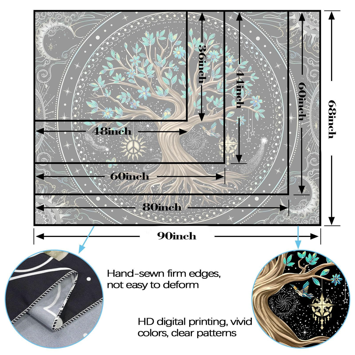 Tree of Life Tapastry Butterfly Moon Tapastry Flower Green Tree Tapestries Mandala Wall Hanging for Bedroom and Living Room Decor 44×60 Inches (Dark Green / 60"L x 44"W)