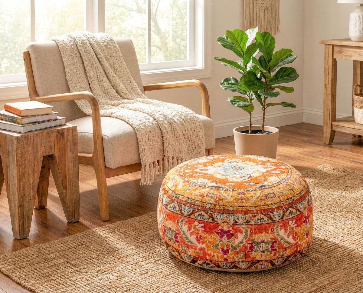 Colorful Pouf Cover Orange Round Orange Floor Pillow Seating Area Stool Boho Room Décor Accent Furniture Cotton 24x8 (24x8 Cover Only / Orange)