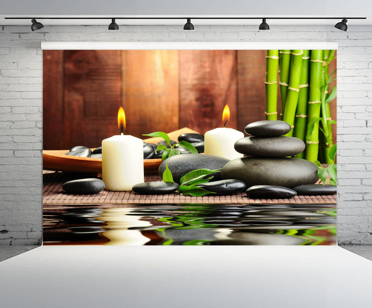 10x8ft Zen Garden Backdrop Bamboos Candles Basalt Stone Spa Water Zen Stone Relaxation Japanese Background Meditation Spa Birthday Wedding Party Decor Photo Booth Studio Props Wallpaper (10x8FT / B1-4807)