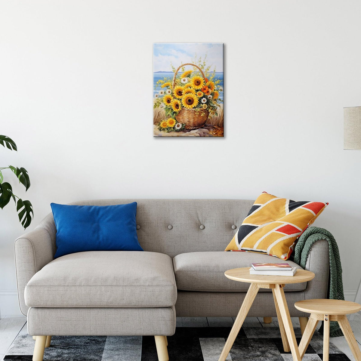 Sunflower Wall Decor Rustic Yellow Sunflower in Woven basket Beach Canvas Wall Art Modern Home Decor for Living Room Nursery Bedroom Bathroom Office Decor Framed Ready To Hang 12x16inches (16"L x 12"W / Sunflowers)