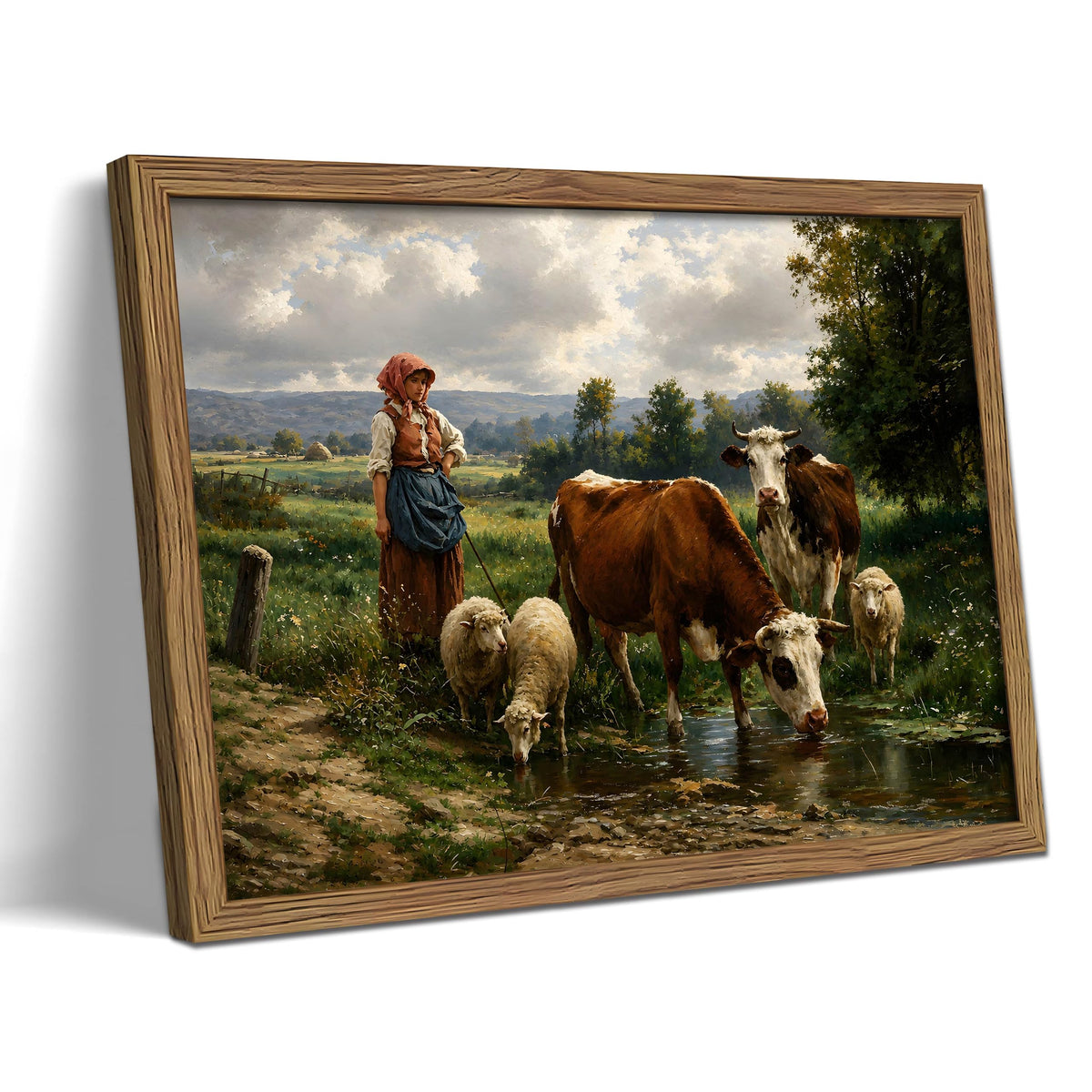 Vintage Pastoral Landscape Framed Canvas Wall Art (B-Herding Cattle / 16"L x 12"W)