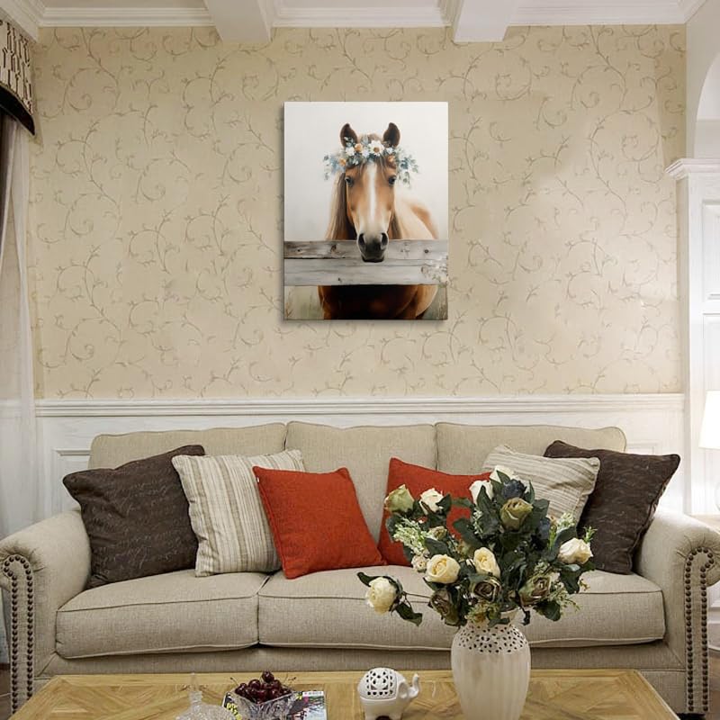 Farmhouse Horse Painting Canvas Wall Art Framed Print Rustic Animal Portrait with Floral Crown Pastel Colors Weathered Wood Fence Wall Decor Artwork for Bedroom Office Decor 16x24 Inches (horse / 24"L x 16"W)