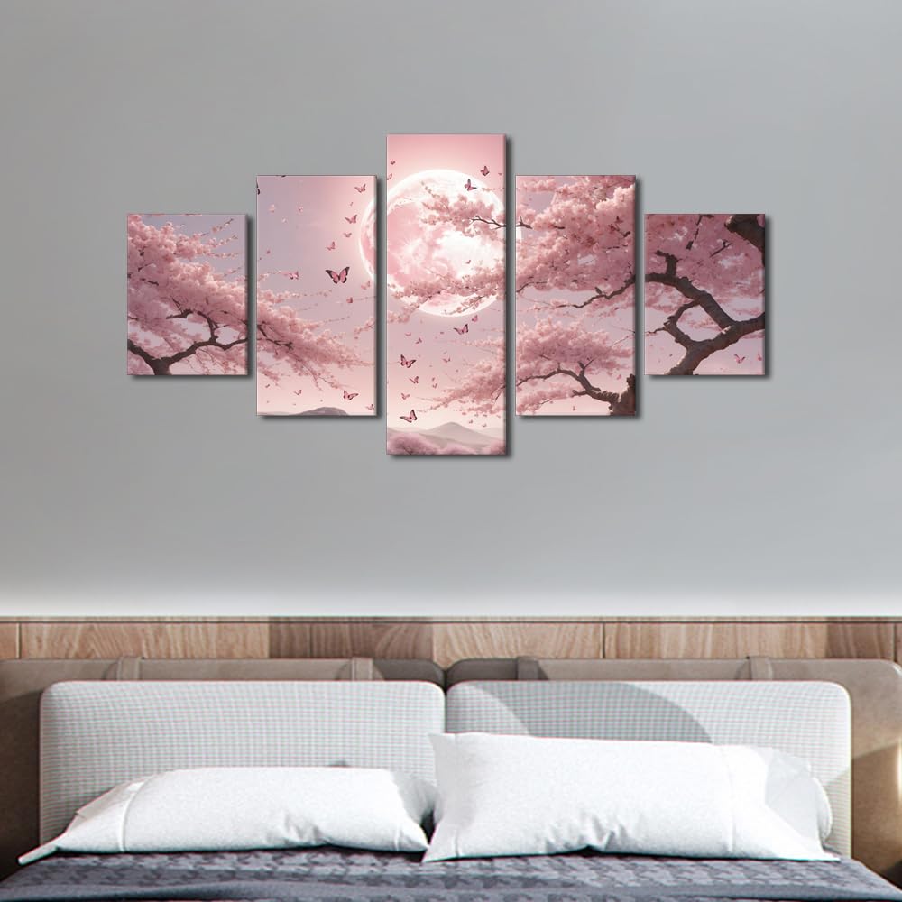 Wall Art Canvas Print Petal Drift Under Lunar Glow Framed Artwork Ethereal Spring Painting Japanese Garden Decor Living Room Wall Display Tranquil Nature Scene 60" Wx32 H (60''Wx32''H / Artwork-11)