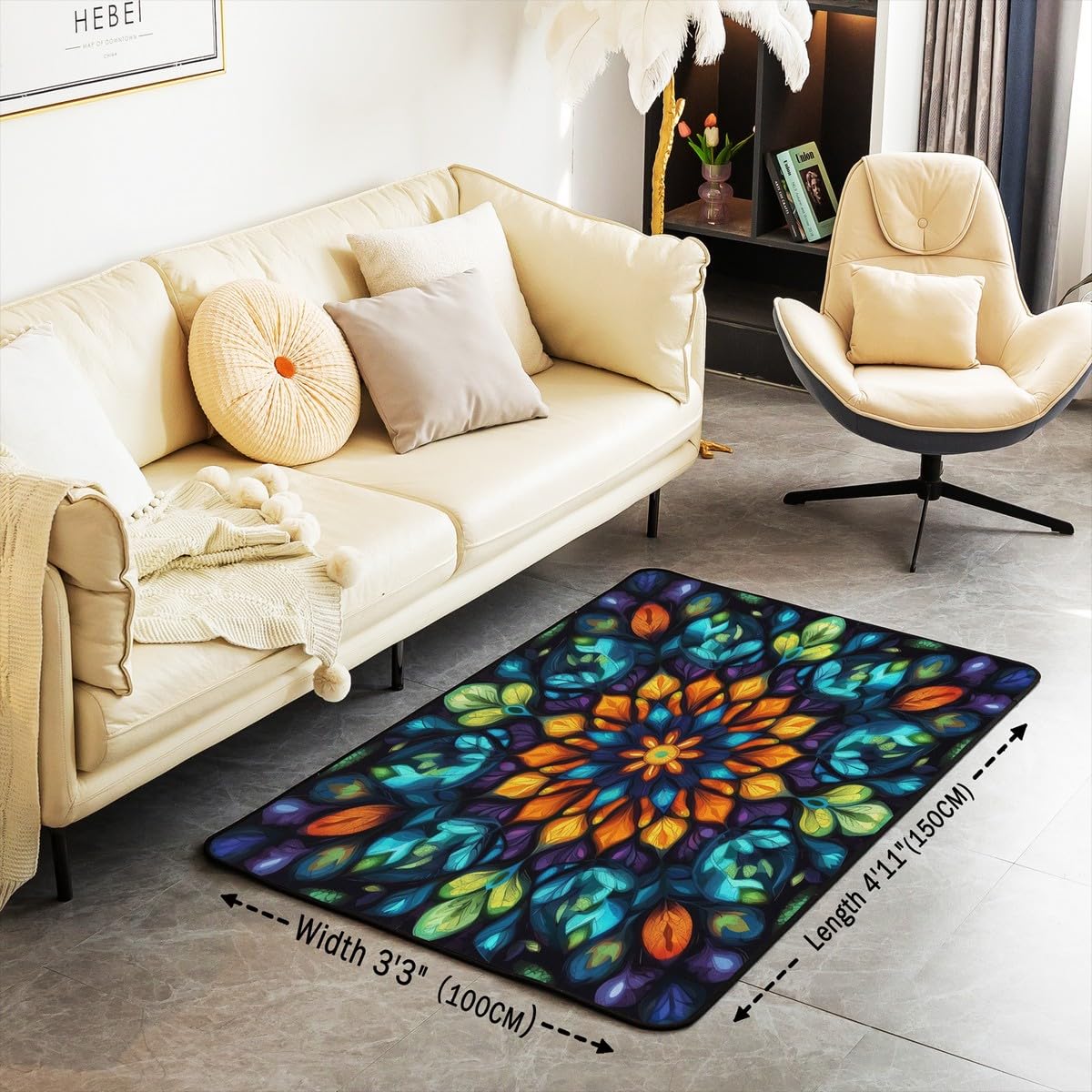 Vintage Mandala 3x5 Area Rug Bohemian Style Watercolor Flower Rugs for Living Room (Green Teal Orange / 3'3" x 4'11" (Rectangular))