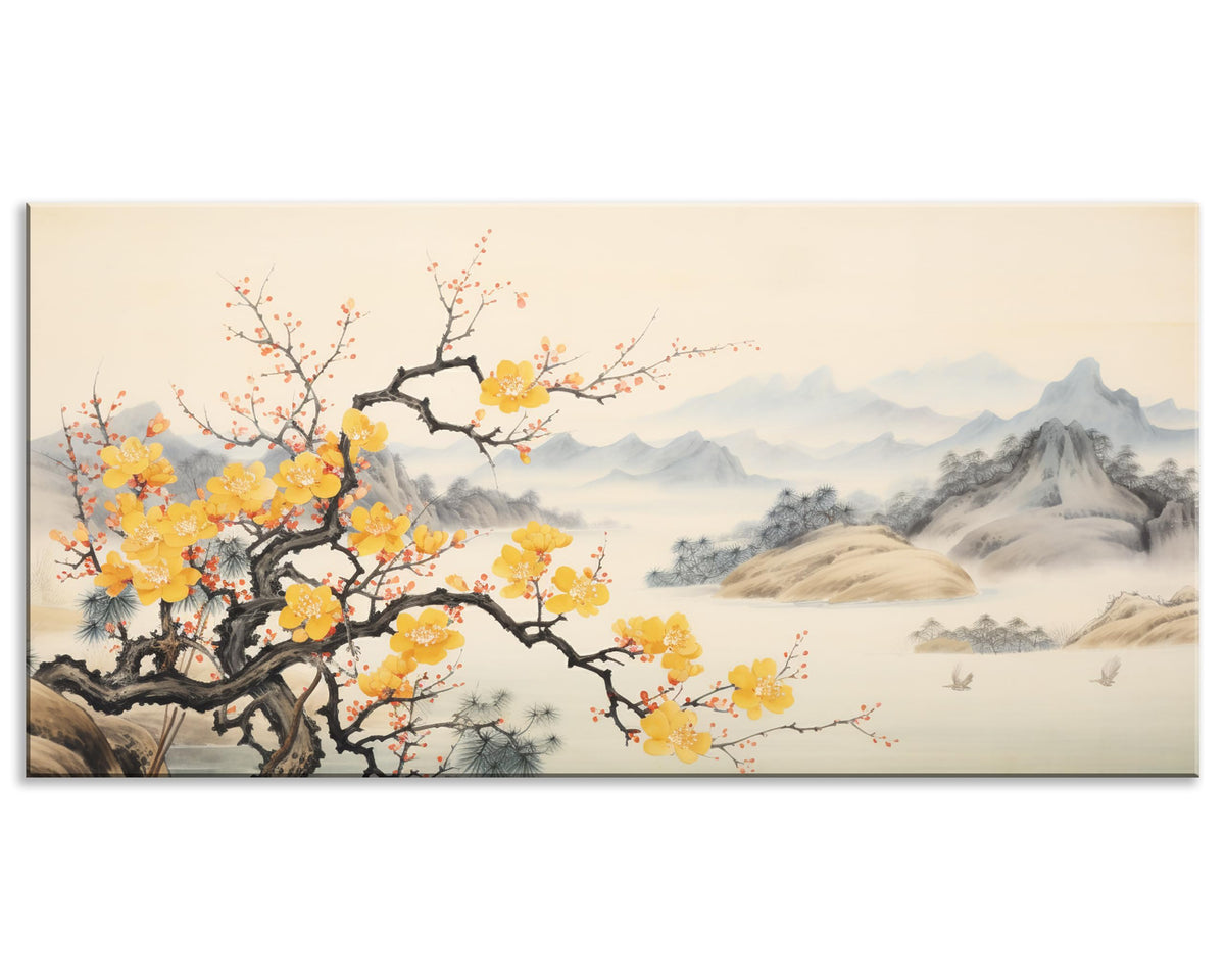 Asian Wall Art Traditional Chinese Painting Oriental Yellow Plum Blossom Canvas Pictures for Wall Decor Home decor for Living Room Cherry Blossom Decor Landscape Artwork Framed Ready to Hang (Yellow Blossom-One Piece / 32"L x 16"W)