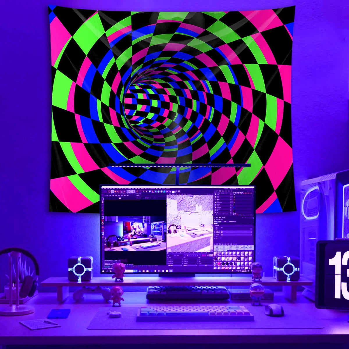 Blacklight Tapestry for Bedroom (D-Blacklight 3D Lines Tapestry / 60"L x 51"W)