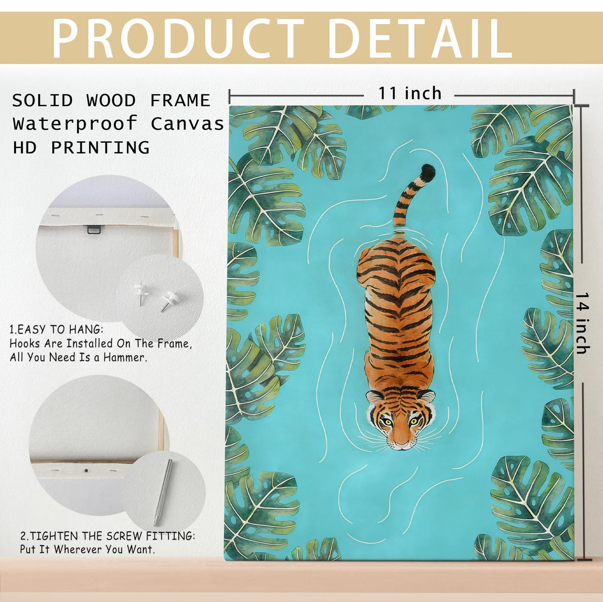 Tropical Jungle Animal Tiger Wall Art Decor 11x14 Inches (Swimming Tiger)