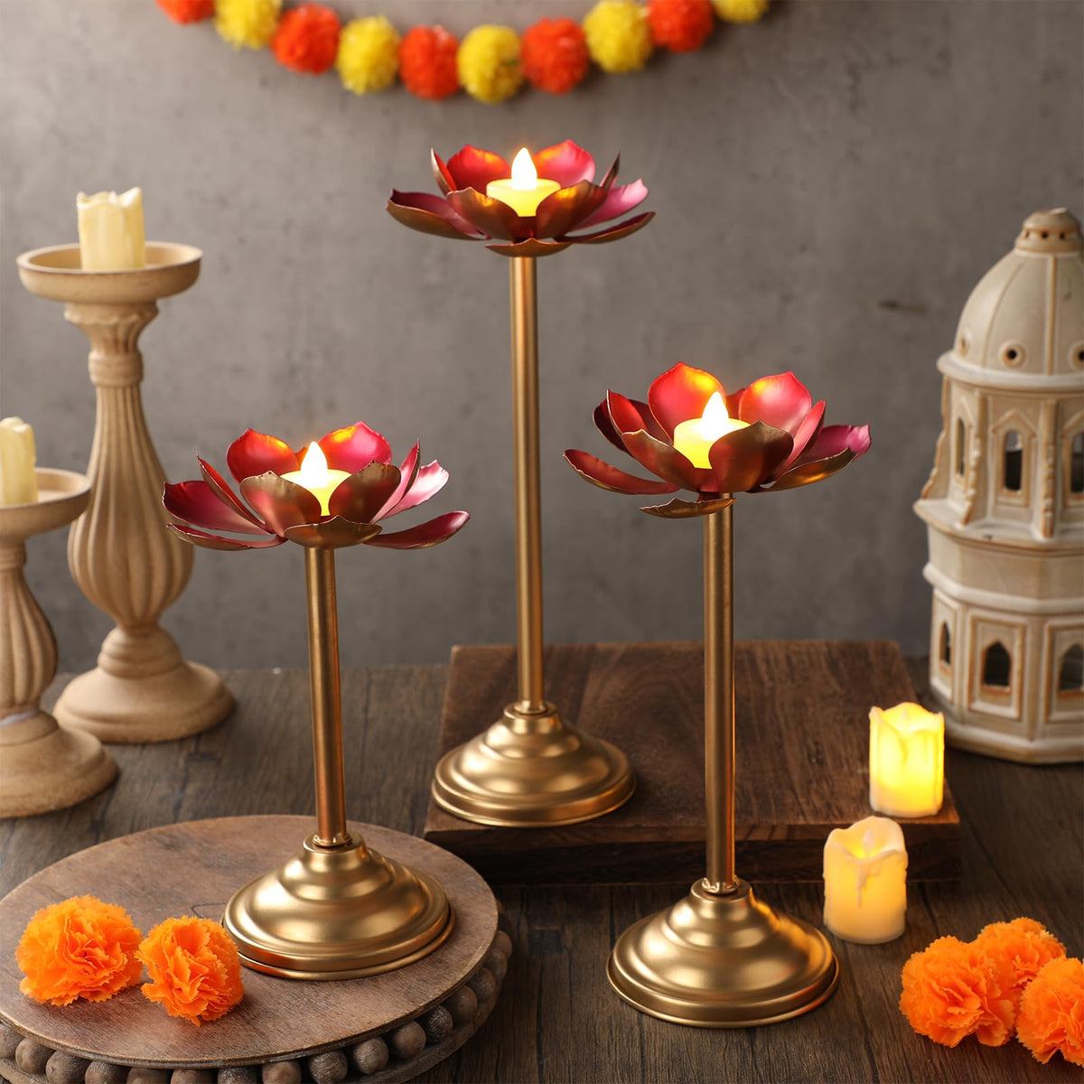 3 Pcs Diwali Lotus Shaped Candle Holder for Indian Diwali Pooja (Lotus)