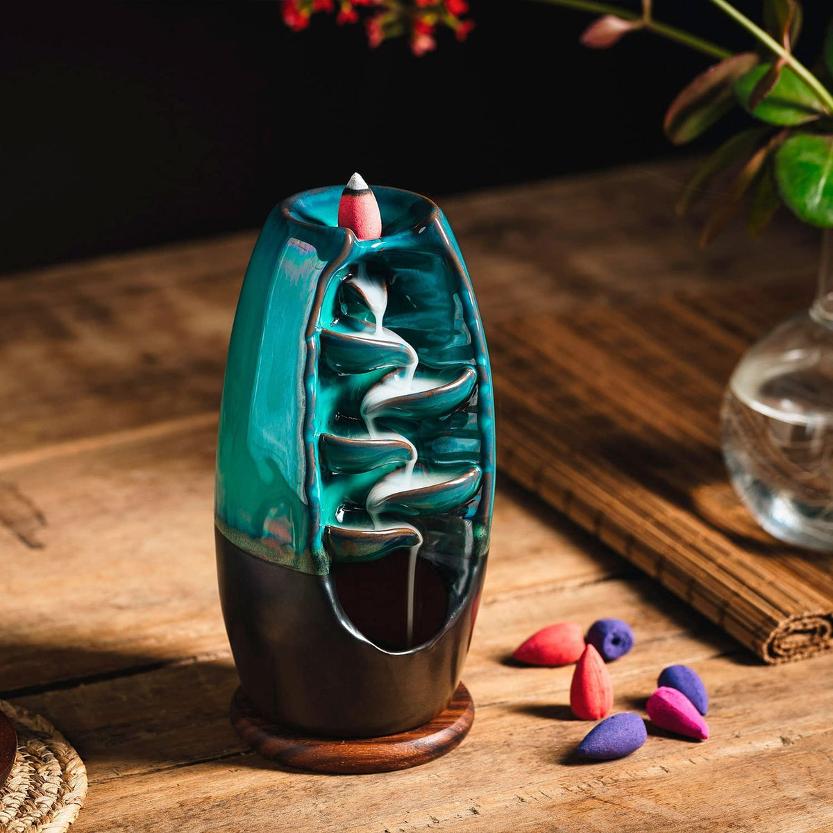 Ceramic Incense Burner with 100 Upgraded Cones (Cyan)