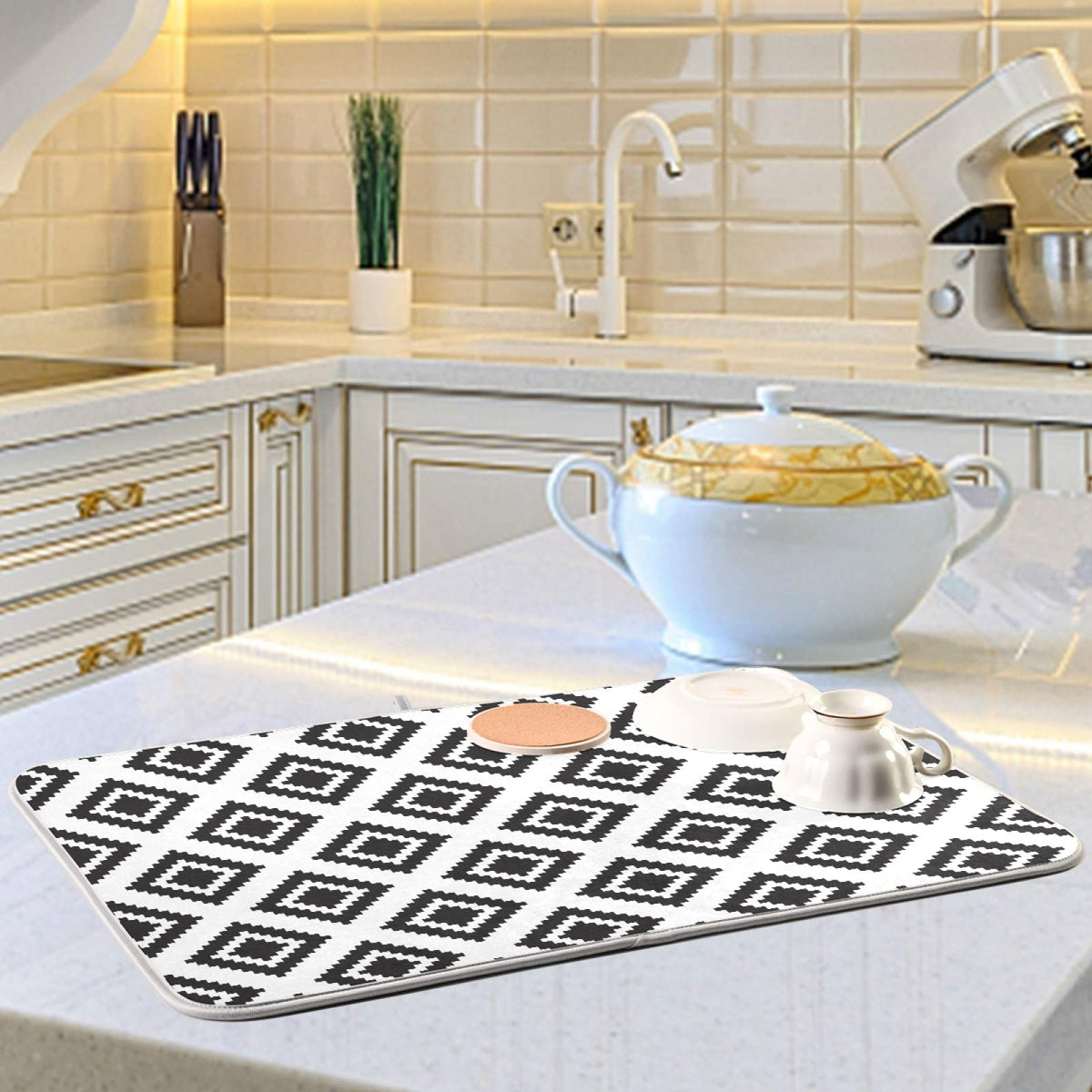 Super Absorbent Dish Drying Mat (Grey Moroccan Rhombus Plaid / 16" x 18")
