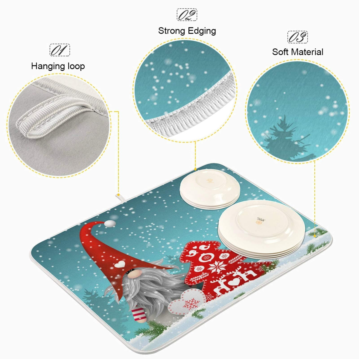 Super Absorbent Dish Drying Mat (Cute Christmas Gnome / 18" x 24")