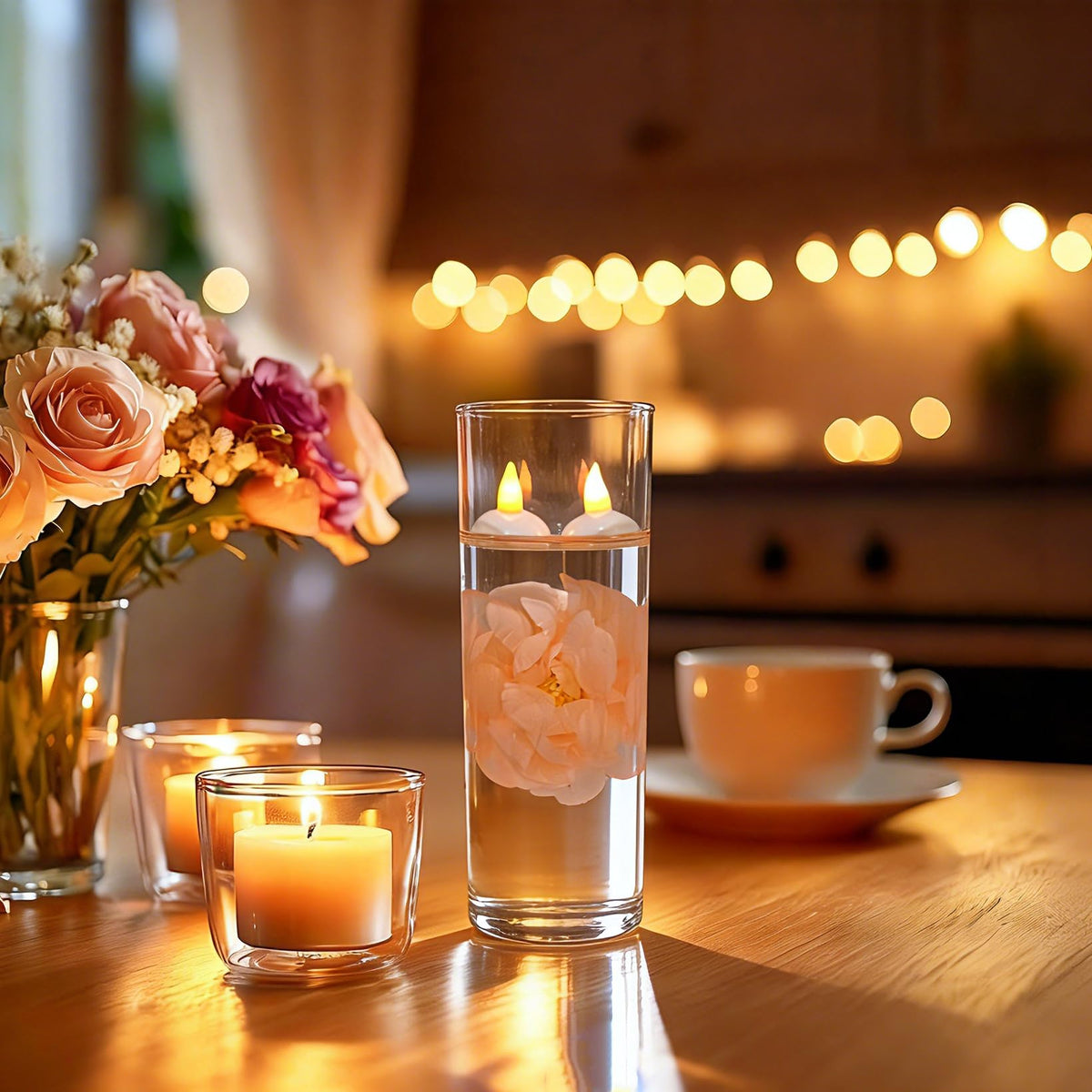 24 Pack Flameless Floating Candles for Centerpieces with Floating Flower (Pink)