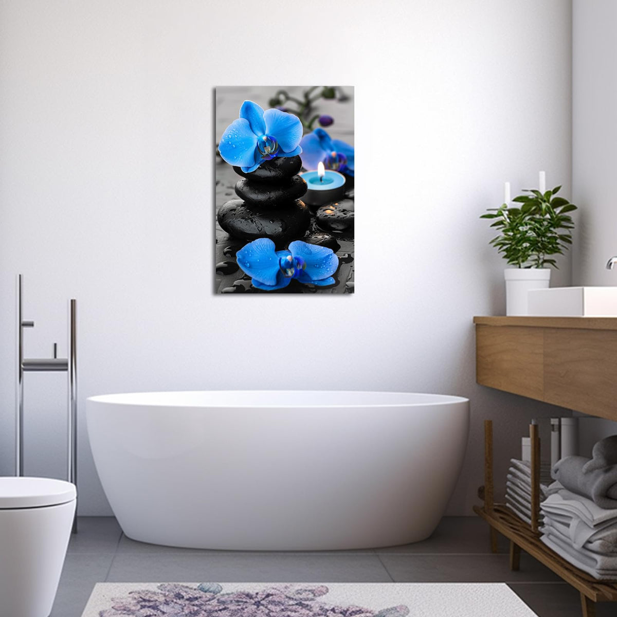 Bathroom Wall Art Orchid Flower with Black Zen Stone Pictures SPA Candle Picture Prints Still Life Canvas Painting for Meditation Spiritual Room Decor (Blue / 16"L x 24"W)