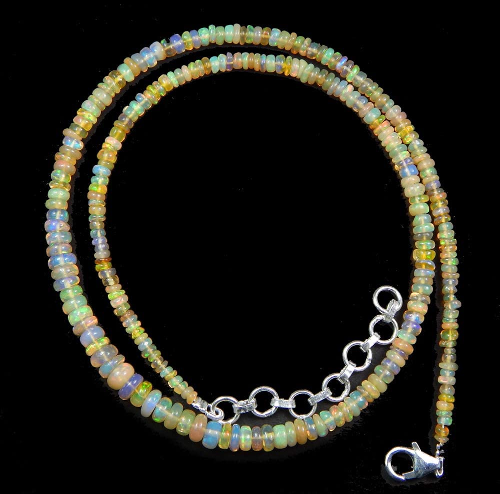 AAA Quality Yellow Base Natural Ethiopian Opal Beads16 Beaded Necklace with Additional 2 inch 92.5 sterling silver extension (Natural Yellow Base Ethiopian Opal)