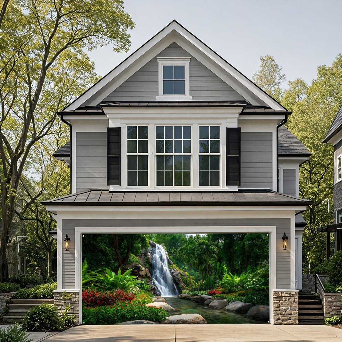 Waterfalls Garage Door Cover Banner (Green Scenic Waterfall)