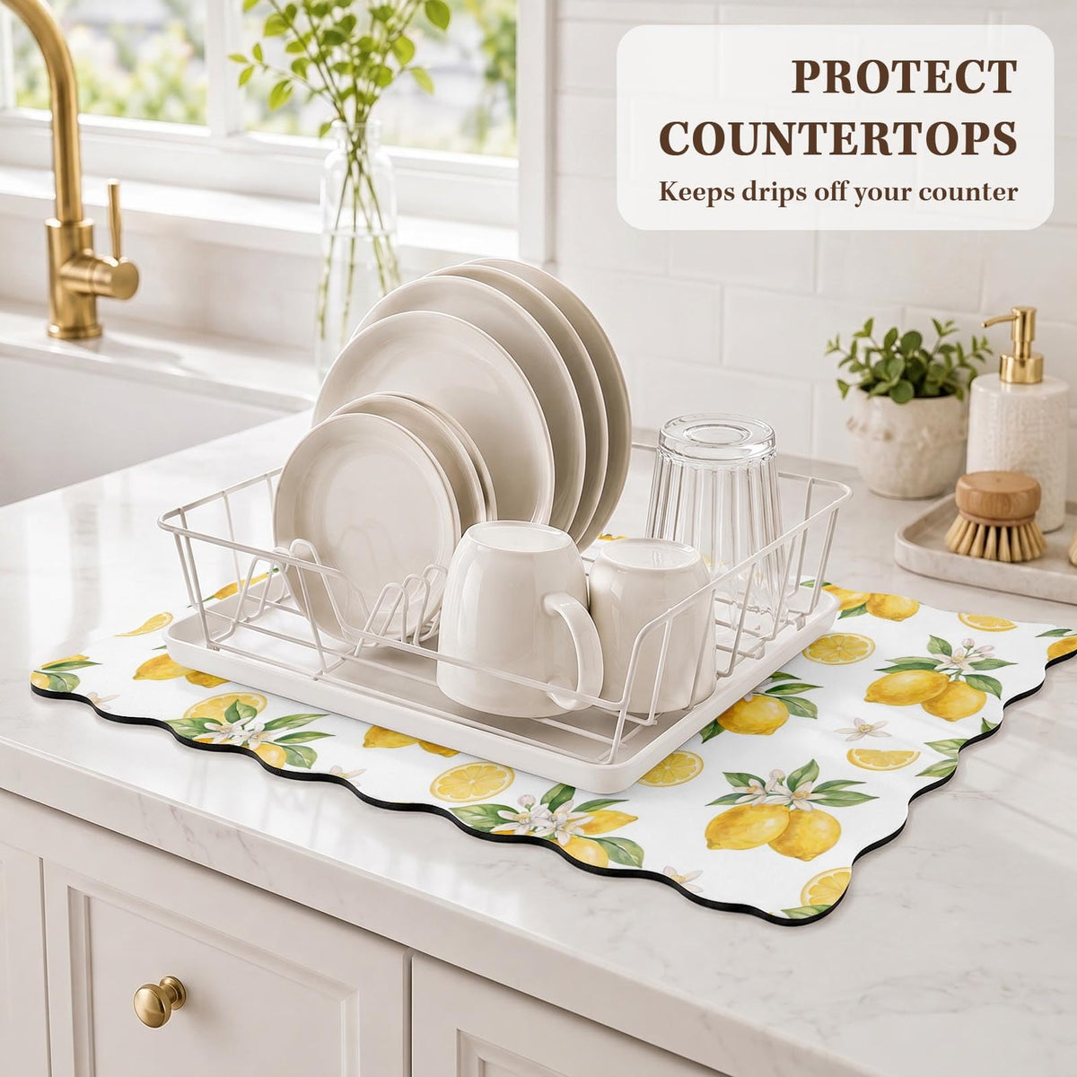 Scalloped Dish Drying Mat 2 (Watercolor Lemon / 12x19 inch)