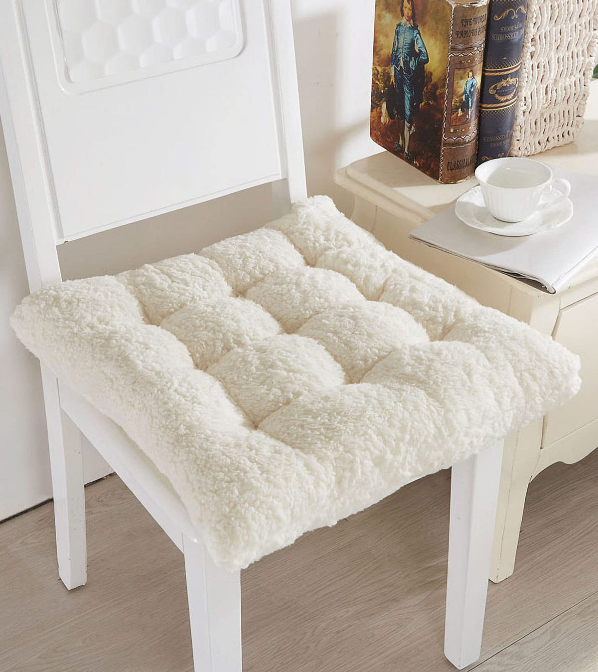 Comfortable Square and Round Artificial Lambswool Chair Pads (17 inch(45cm) / Square-off-white)