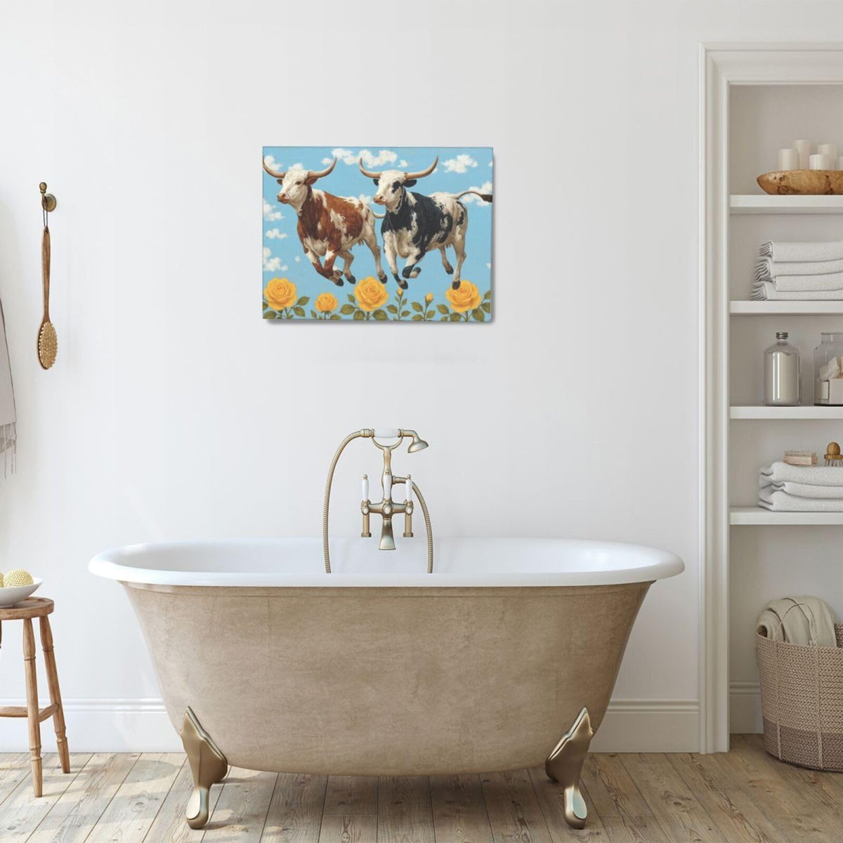 Longhorn Cow Wall Decor Funny Cow Canvas Wall Art Cute Cattle Pictures Painting Artwork Framed Decoration for Bedroom Bathroom Living Room Kitchen Dining Room Office 12"x16" (Longhorn / 16L"×12W")