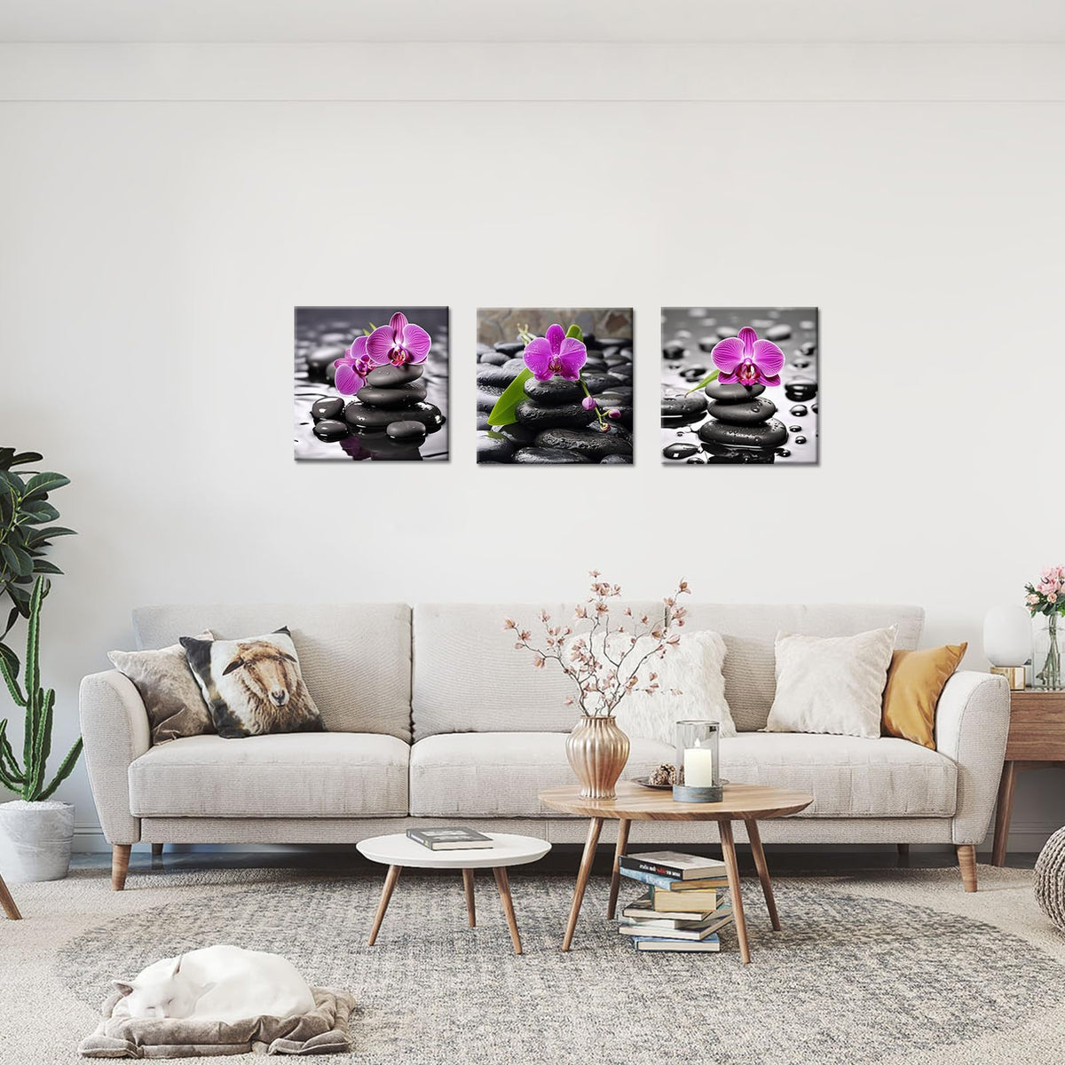 3 Panels Spa Canvas Wall Art Zen Wall Decor for Bathroom Orchid Flower with Spa Stone Pictures Still Life Print Painting for Home Bedroom Decor Stretched and Framed (Zen 02 / 8"L x 8"W)
