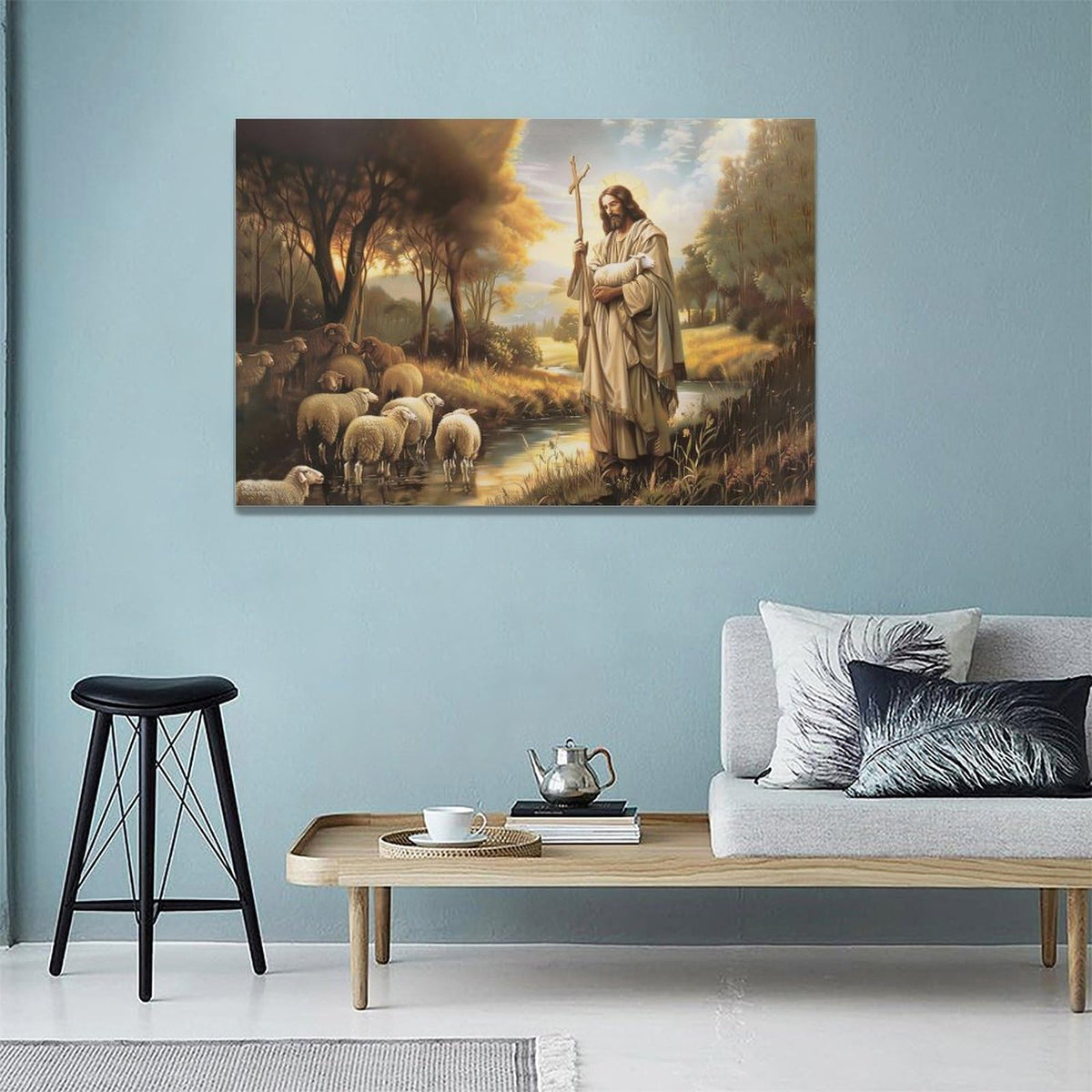Jesus And Lamb Wall Decor Christian Pictures Vintage Jesus Christ Religious Canvas Wall Art God Lamb Painting Home Modern Artwork Framed for Church Living Room Bedroom Bathroom Office 24 x 16 inch (24"L x 16"W / Lamb Jesus)