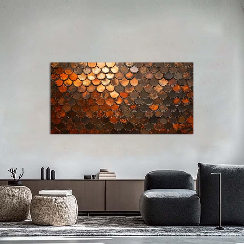 Rustic Copper Scale Canvas Wall Art Abstract Geometric Faux Metallic Texture Painting Flat Print Gallery Wrapped Industrial Artwork for Living Room Bedroom Bathroom Decor (Abstract / Orange Fish Scales 35 / 46"L x 23"W)