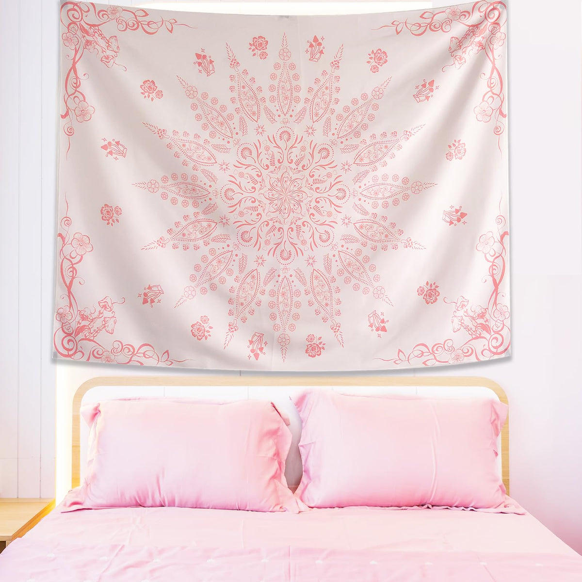 Pink Floral Boho Mandala Tapestry Wall Hanging for Bedroom 79" x 59" (Pink / 79"L x 59"W)