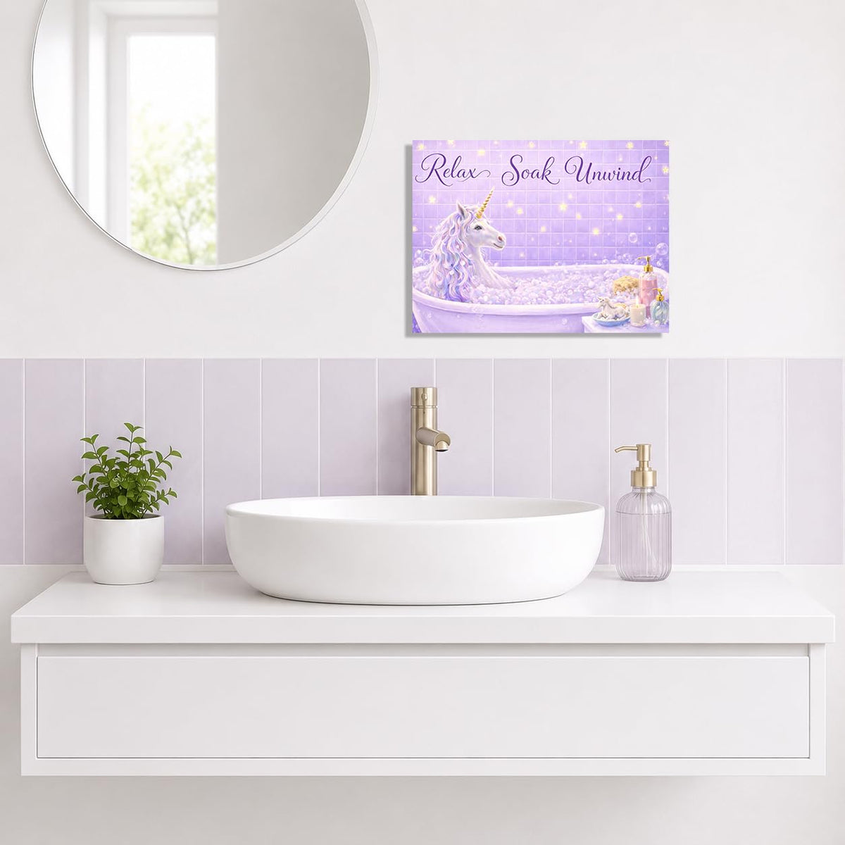 Bathroom Unicorn Wall Art Unicorn in Bathtub Wall Decor Relaxing Canvas Painting Pictures Purple Artwork for Bathroom Toilet 12"x16" (Bathroom Unicorn / 16"L x 12"W)