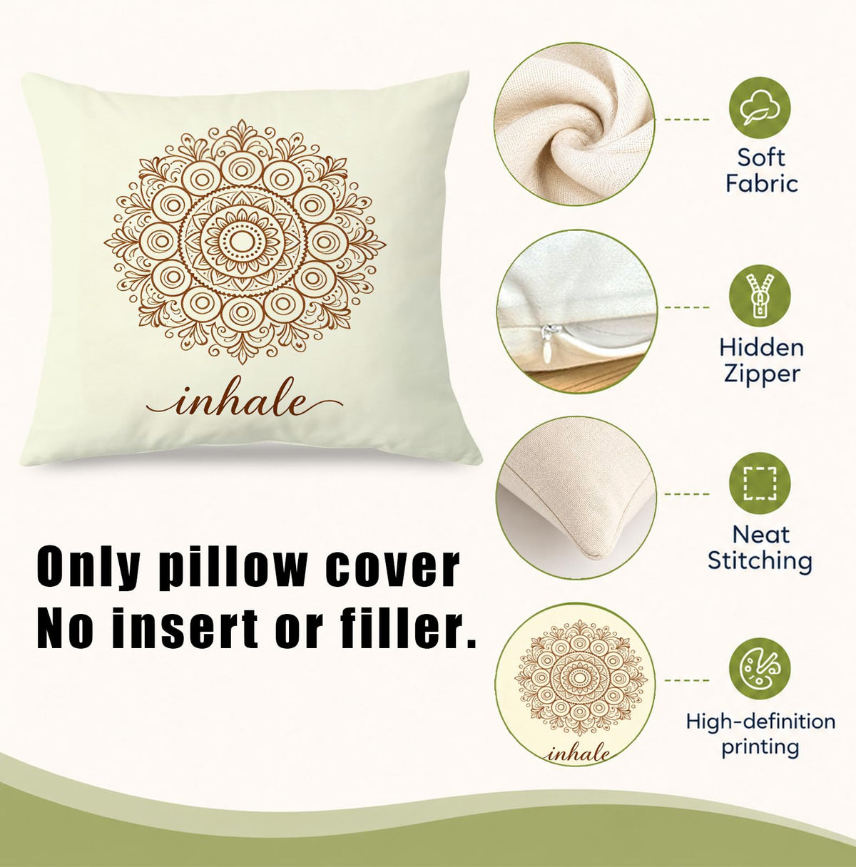 Inhale Exhale Boho Mandala Floral Zen Throw Pillow Covers 18x18 Set of 2 (Qt-bz-mental Health-mandala Flowers)