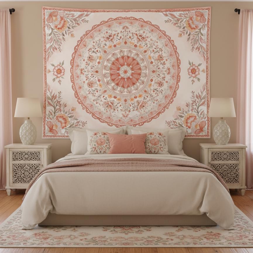 Pink Mandala Tapestry Wall Hanging Boho Floral Tapestry Aesthetic Watercolor Flower Medallion Cute Large Tapestries for Bedroom Living Room Dorm Decor 80 x 60 Inch (Bohemian / Peach Pink / 80"L x 60"W)