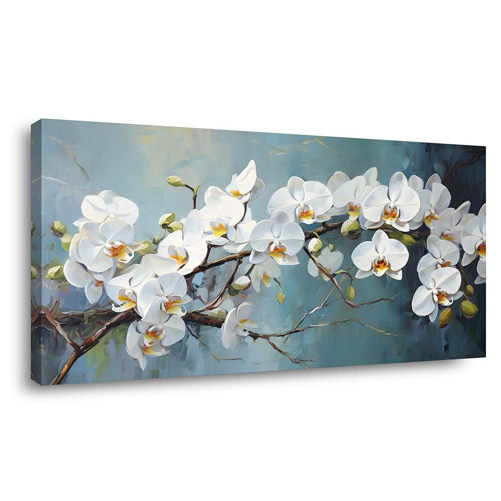 White Orchid Canvas Wall Art Floral Branch Painting Light Blue Background Flat Print Gallery Wrapped Botanical Artwork for Living Room Bedroom Bathroom Decor (Mysterious / White Orchid Blossom 30 / 40"L x 20"W)