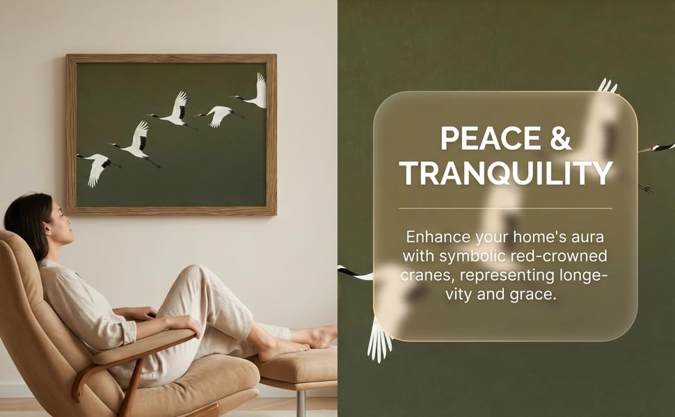 Framed Japanese Flying Cranes Wall Art Canvas Print with Vintage Bird Painting Picture Wall Decor Rustic Nature Animal Canvas Prints Minimalist Home for Living Room Bedroom Office 12x16 Inches (Japanese Cranes / 12"L x 16"W)