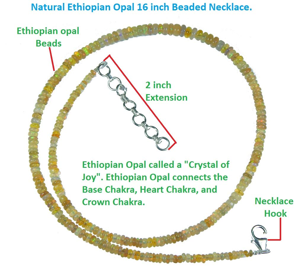 AAA Quality Yellow Base Natural Ethiopian Opal Beads16 Beaded Necklace with Additional 2 inch 92.5 sterling silver extension (Natural Yellow Base Ethiopian Opal)