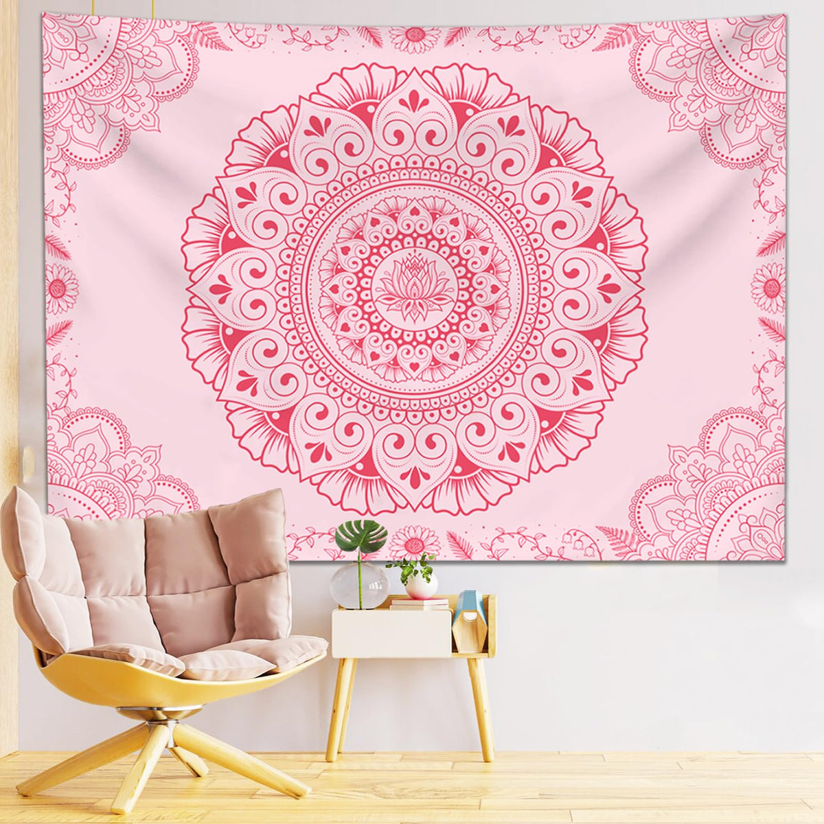 Pink Bohemian Lotus Mandala Tapestry Wall Hanging for Bedroom (Cherry Blossom Pink / 60"L x 44"W)