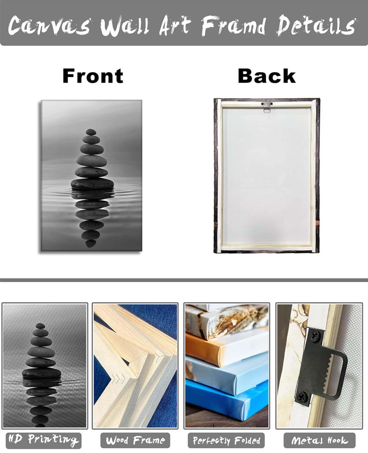 Black and White Zen Wall Art Spa Stones in Water Pictures Zen Canvas Prints for Bathroom Yoga Meditation Room Living Room Home Office Decor Framed (Zen-6 / 18"L x 12"W)
