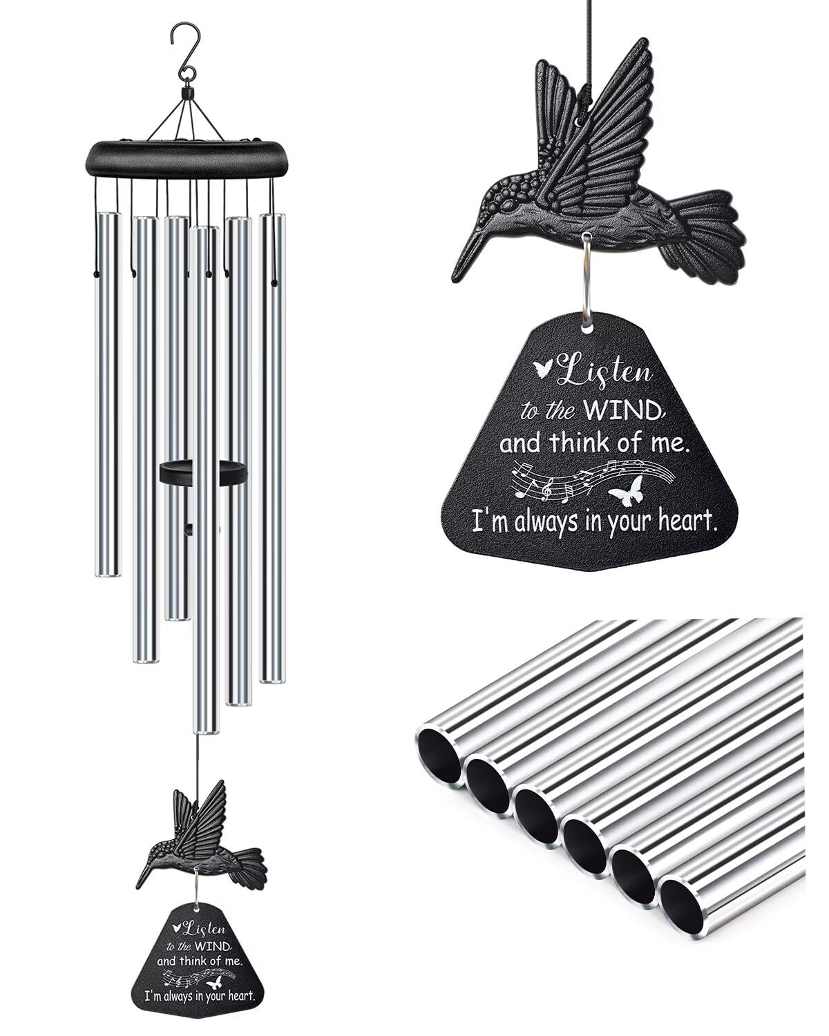 Sympathy Wind Chimes for Outside Deep Tone (Silver Hummingbird)