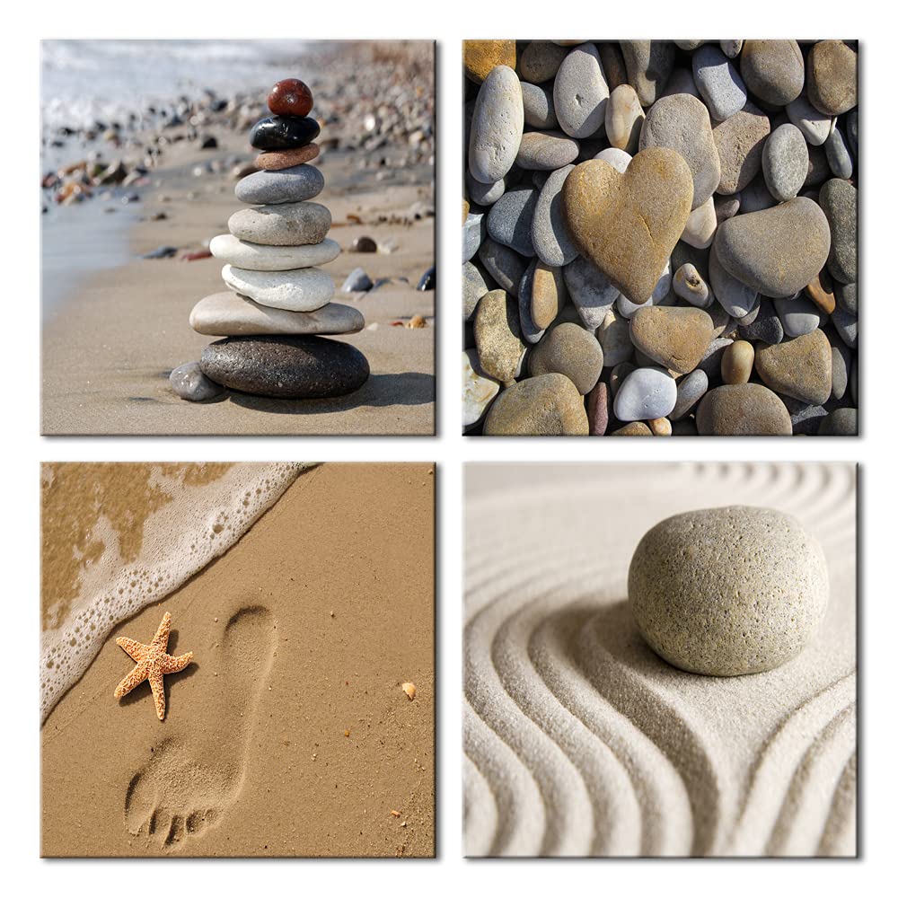 Canvas Prints Wall Art Romantic Beach Theme Zen Stone Pictures Paintings for Living Room Kitchen Home Decor Large Modern 4 Panels Stretched and Framed Seascape Sea Beach Artwork L (20x20inchx4pcs (50x50cmx4pcs))