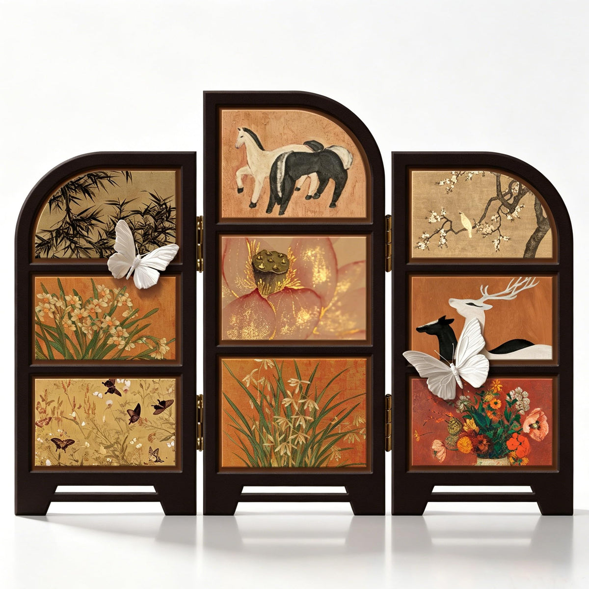 3 Panel Vintage East Asian Art Tabletop Folding Screen (M6126)