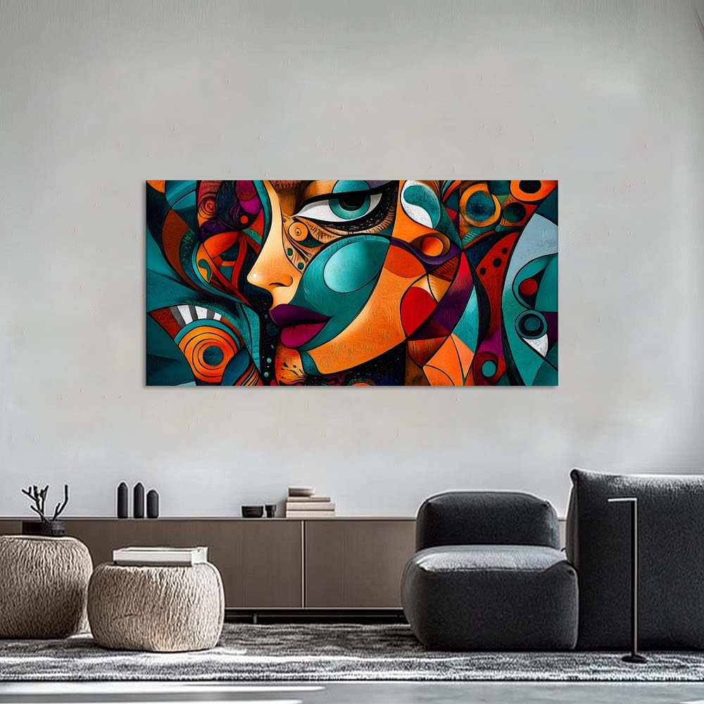 Colorful Abstract Face Canvas Wall Art Modern Cubist Portrait Painting Print Gallery Wrapped Geometric Woman Artwork for Living Room Bathroom Bedroom Decor (Mysterious / Red Face Abstract 12 / 58"L x 28"W)