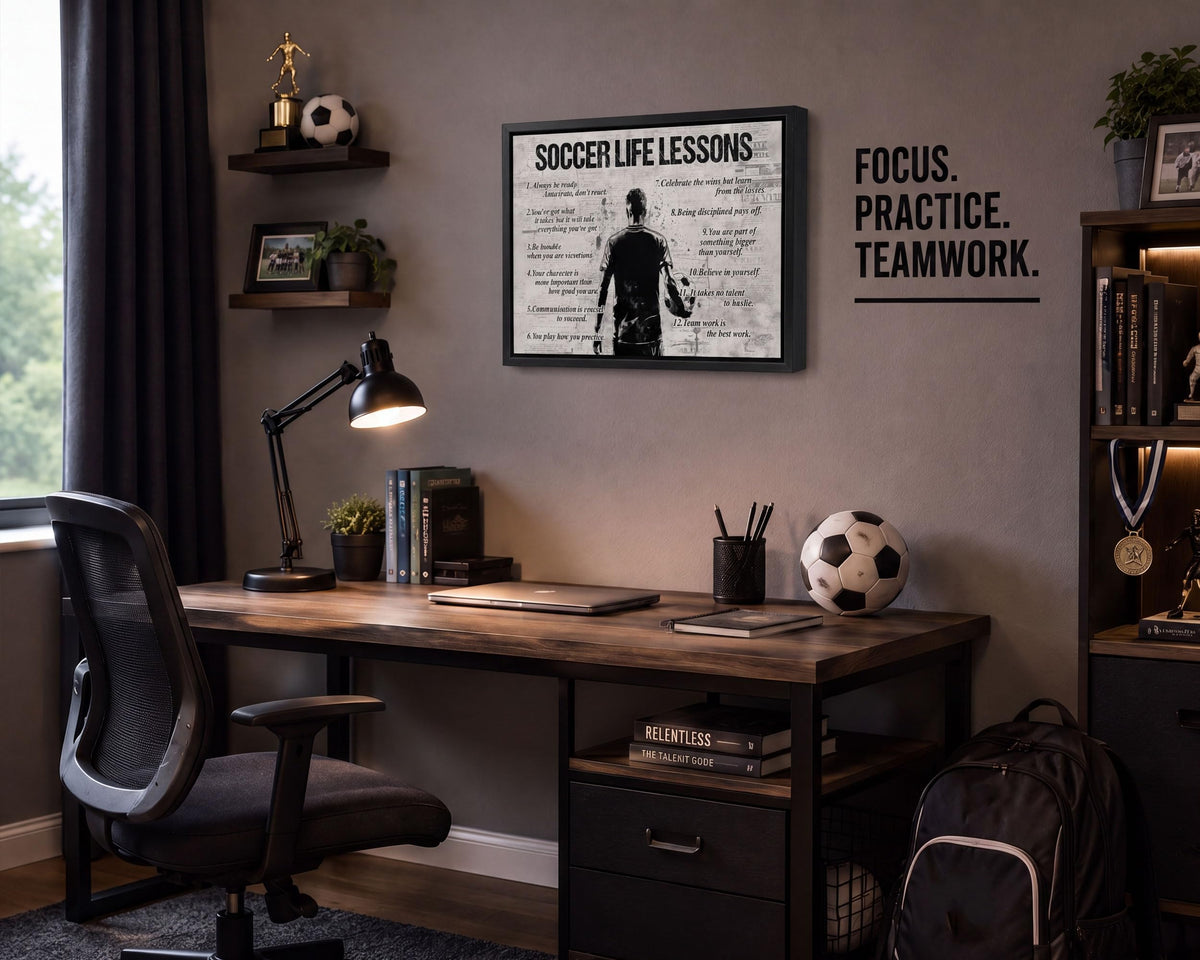 Black Framed manSoccer Life Lessons Canvas Wall Art 16x24in (Soccer / 24"L x 16"W)